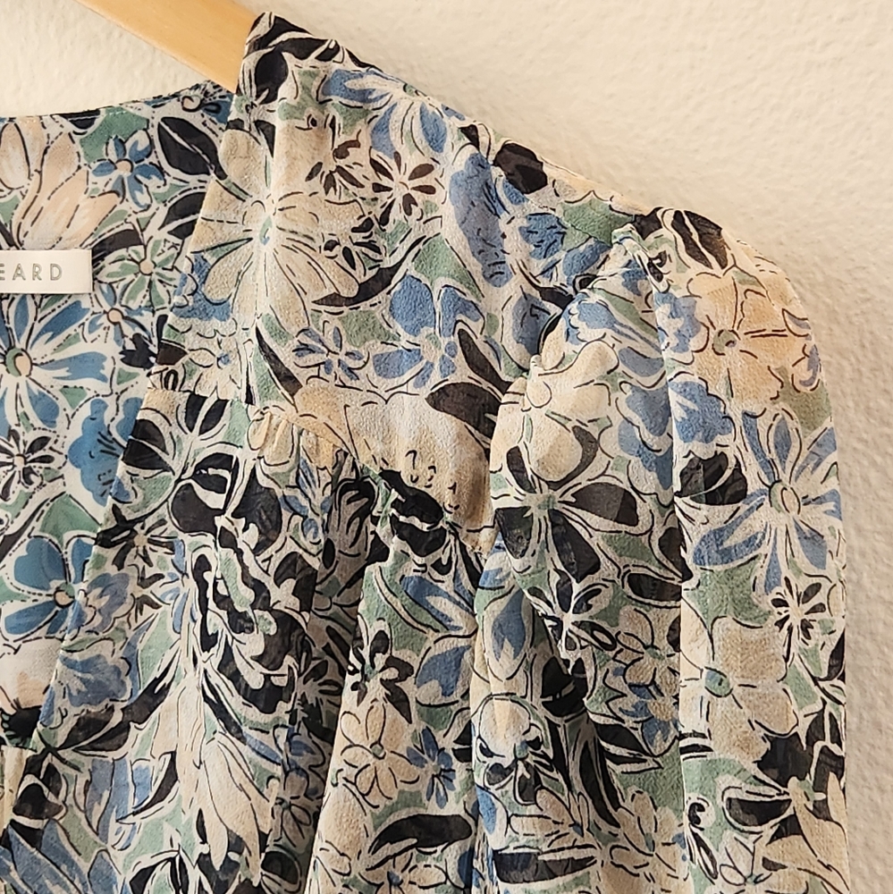 Veronica Beard Silk Dress Maggie Floral Print 3/4 Sleeve Shirred Mini Blue Sz 4 - Picture 3 of 16